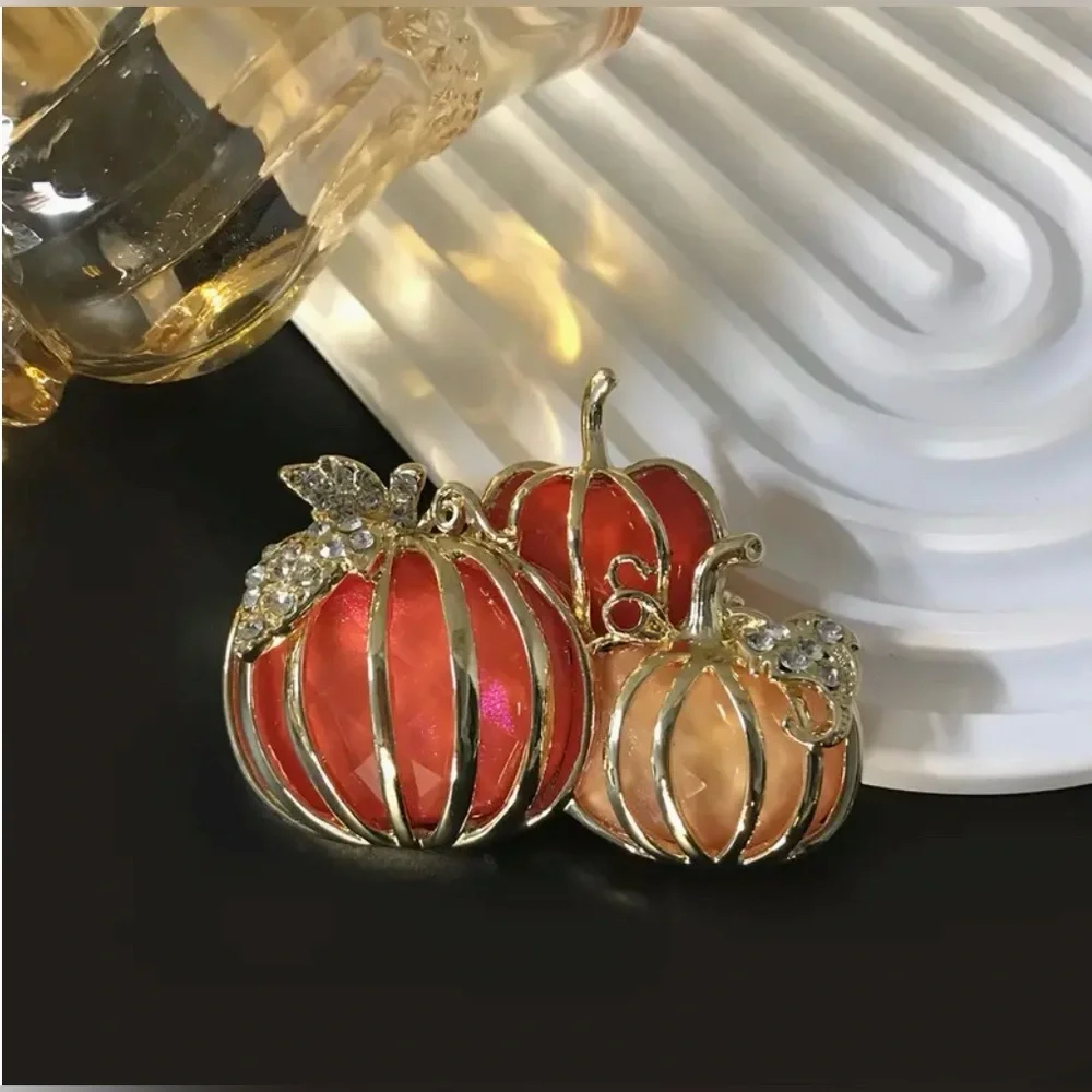 Pumpkin Trio Enamel & Rhinestone Brooch Pin Halloween Thanksgiving Autumn